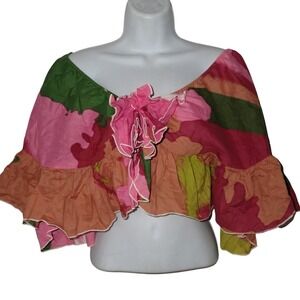 Vintage Holly Harp Boho Floral Ruffle Crop Top Small Off Shoulder Bell Sleeve